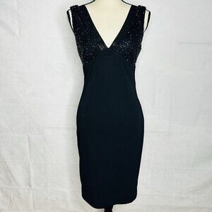 Cache Black Cocktail Dress 90s Y2K Black Sz 2 Beaded Top Vintage V-Neck